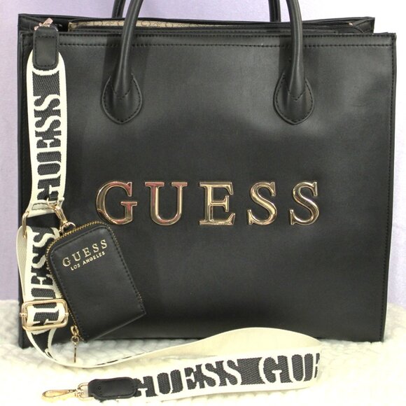 Guess Los Angeles Black Logo Tote Bag with Detachable Strap & Mini Zip Pouch - Picture 1 of 14